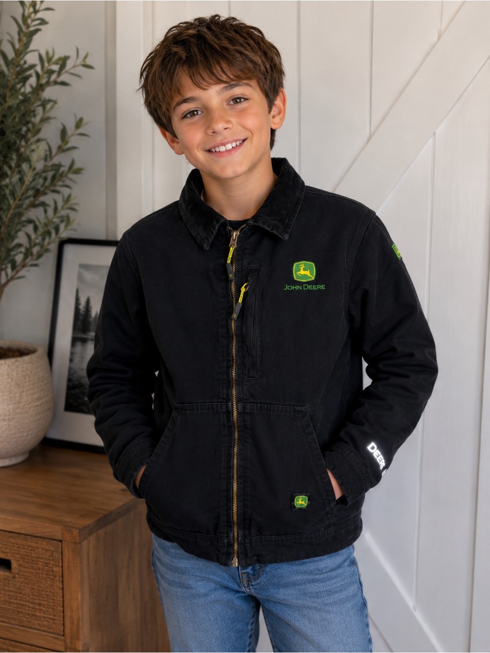 John Deere Youth Canvas Work Jacket Quilted Lined Boys Size 8 Black